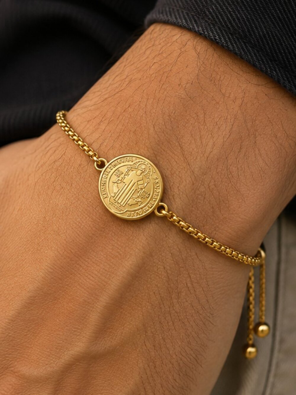 Gold St Benedict Medal Bracelet Stainless Steel Adjustable Religious Jewelry